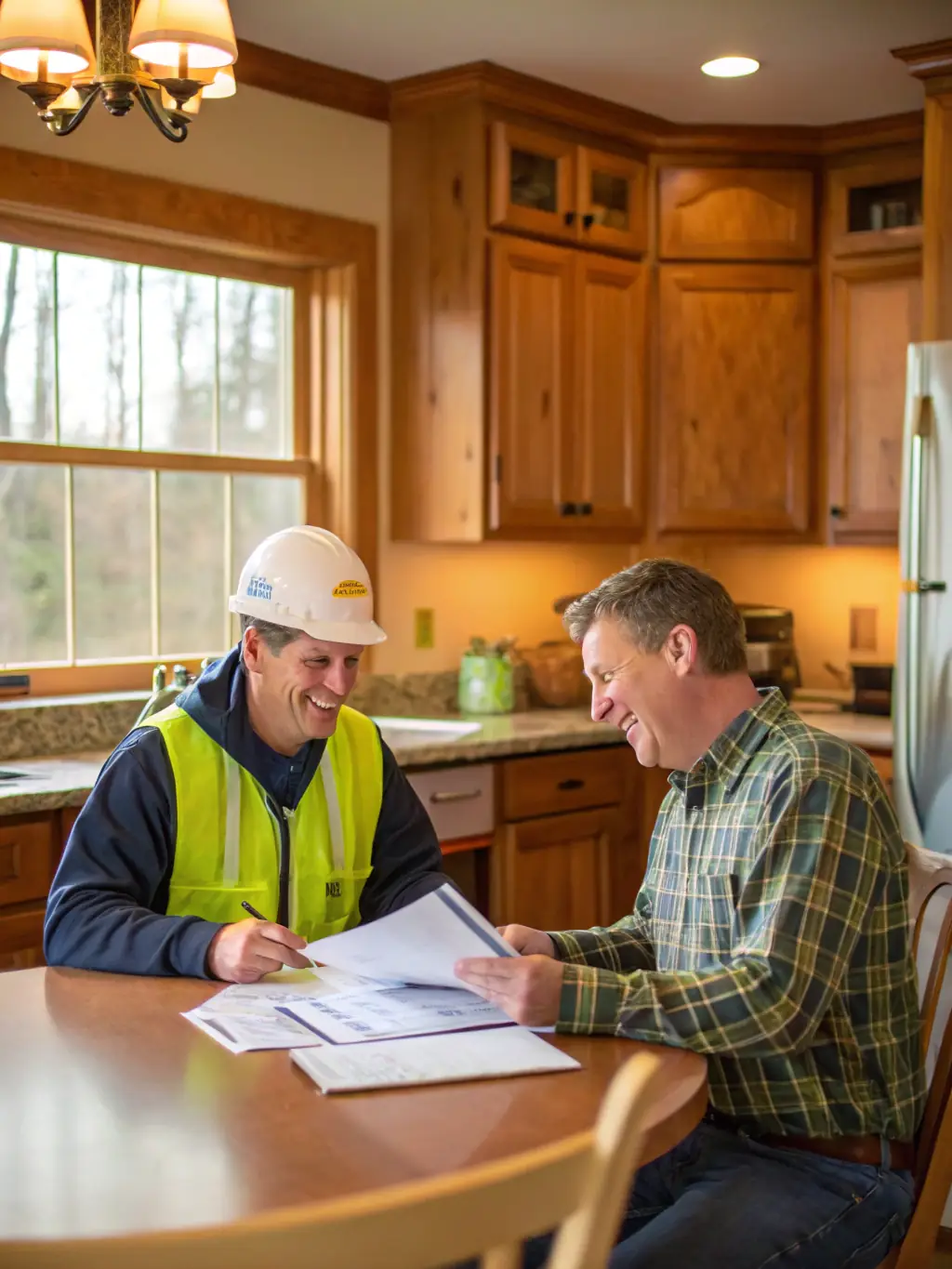 A friendly American Prime General Construction representative helping a homeowner with their insurance claim paperwork at their kitchen table.