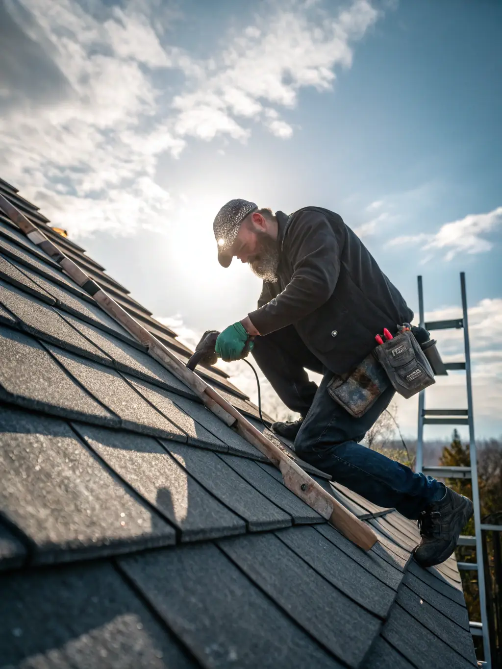 A high-definition photo of a roof being repaired after a hail storm, showcasing the damage and the repair process by American Prime General Construction.
