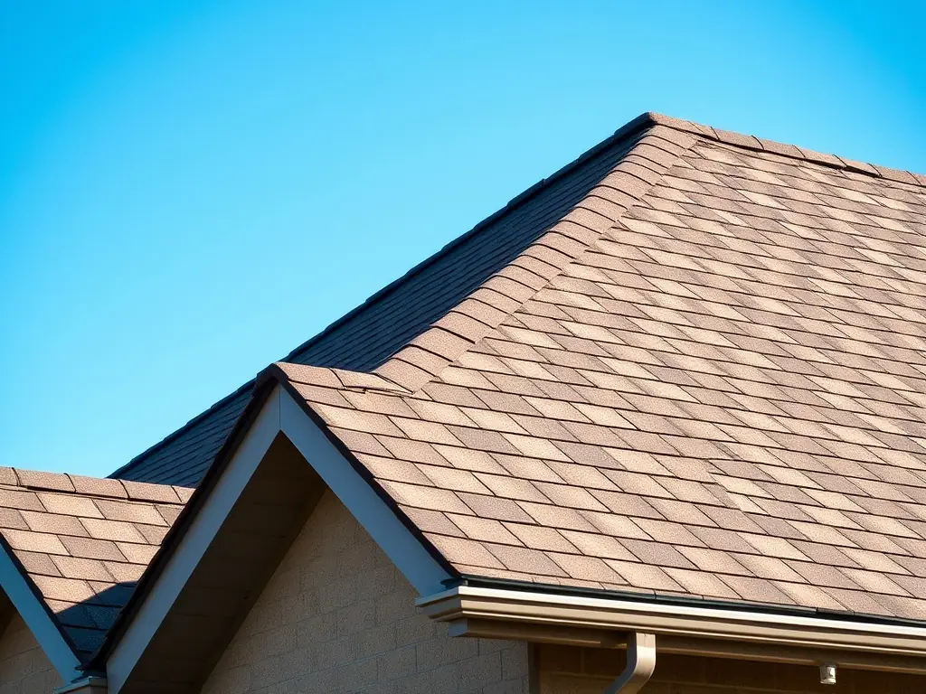 A high-angle shot of a newly installed roof on a sunny day, showcasing the quality of the shingles and the precision of the installation. The image should convey durability and aesthetic appeal.