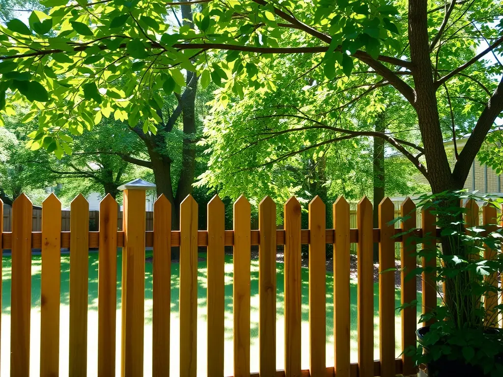 A close-up shot of a newly constructed wooden fence with a well-manicured lawn in the background. The image should convey privacy, security, and aesthetic appeal.